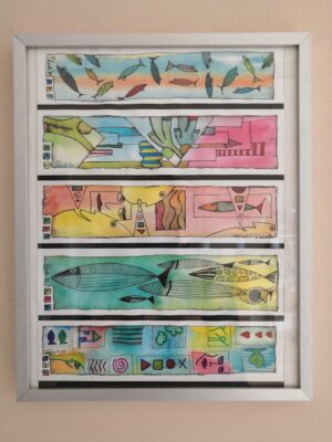 Klaus Schade Fischmotive - Druckvorlage Lesezeichen Fische + Menschen - DIN A4 - Einzelstück - gerahmtes Ausstellungsstück