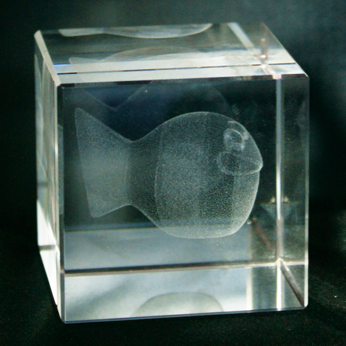 3D Laser Glas Kristall Würfel mit Fischmotiv - Glasobjekt Looky Kugelfisch grinsend im Kristallwürfel - Lasertechnik