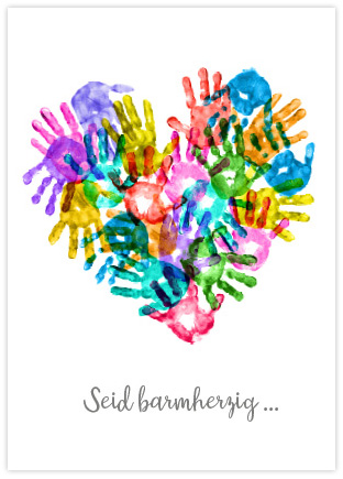 Doppelkarte Barmherzigkeit - Klappkarte mit Herz aus bunten Händen - Grußkarte mit Jahreslosung 2021