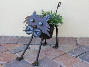 Katze Blumentopfhalter mit Metallübertopf – laufend mit Wackelhals
