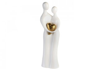 Keramik Paar Skulptur - goldenes Herz - weiße Liebesskulptur