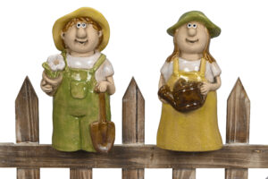 Kinder Zaunfigur Junge+Mädchen Zaunhocker Gärtner, Zaungucker Blumenkind - Gartenkeramik Gärtnerpaar