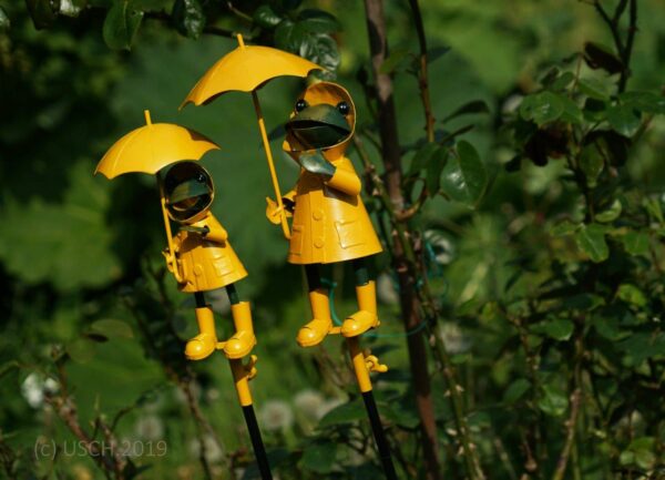 Kundenbild 1 Schietwetter Frosch im Ostfriesennerz – Gartenstecker Frosch mit Regenmantel und Regenenschirm – Metallfrosch Fischer Fritz