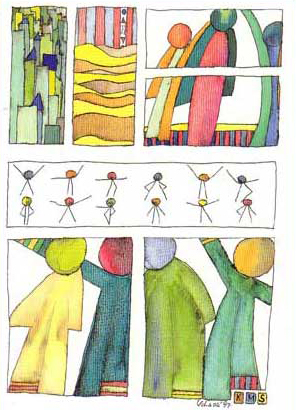 Kunst Postkarte Bildersprache 1, Aquarell, Tusche, 1997, Menschen Postkarte pk-07-bildsprache-1
