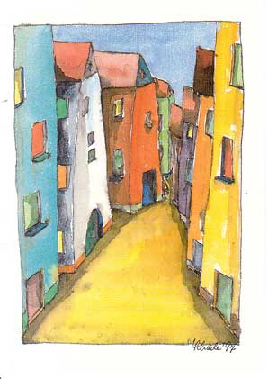 Kunst Postkarte Einblick, Aquarell-Tusche, 1997 - Postkarte Stadt Gebäude pk-30-einblick