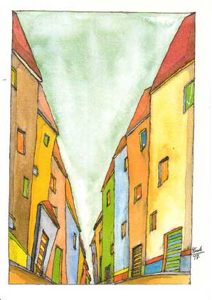 Kunst Postkarte Himmelsblick, Aquarell-Tusche 1997, Häuser Karte Kunst Gebäude Straße Postkarte pk-28-himmelsblick