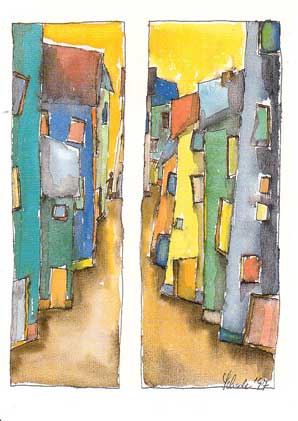 Kunst Postkarte Straßenstreit, Aquarel-Tusche 1997 - Gebaäude Postkarte Häuser Stadt pk-29-strassenstreit