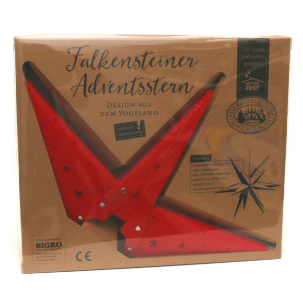 Kunststoff Stern rot - Falkensteiner Adventsstern wetterfest inkl. LED Beleuchtung - 60 x 60 x 60 cm, 18 Spitzen verpackung