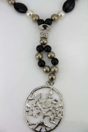 Lange Kette mit Lebensbaum Anhänger zoom - schwarz silber