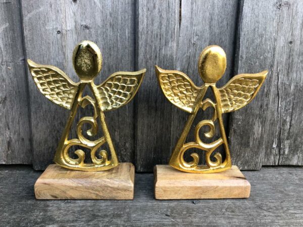 Metall Engel auf Sockel - Goldener Deko Engel auf Mangoholz- Alu Engel Perso - Farbvergleich