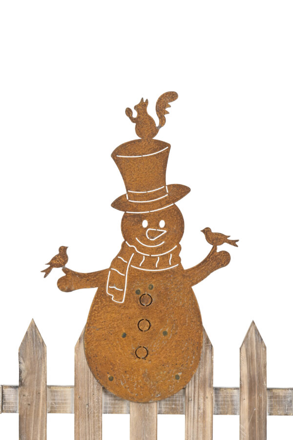 Metall Schneemann Zaunfigur Winter Zaunhocker - Gartendeko in Edelrostoptik 37cm 670004-000-712