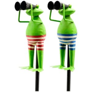 Metall Skulptur Bademeister Frosch mit Fernglas - Metallfrosch am Stab