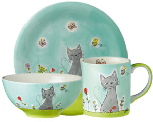 Mila Katze in Blumenwiese Sammler Set – Becher + Teller + Schale
