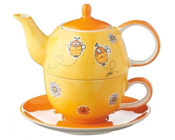 Mila Summ Summ Bienen Tea for one - Teekanne 0,4 L mit Tasse und Untertasse + Geschenkverpackung - Keramik