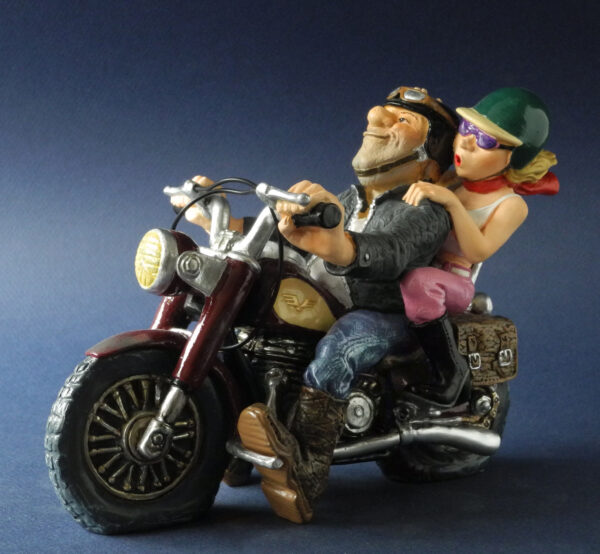 Biker Skulptur Bikerpaar - Motorradfahrer mit Frau als Motorrad-Sozius - Parastone Profisti Comic Art Figur