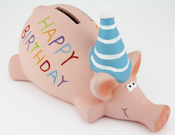 Spardose Sparschwein Happy Birthday - rosa Keramik Schwein mit Geburtstagsmütze