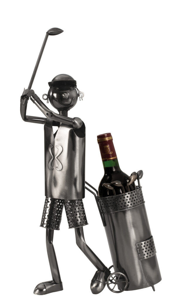 Wein-Flaschenhalter Golfspieler Skulptur – Flaschenständer Golfer mit Golftrolley silber