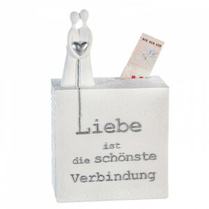 Weiße Hochzeitsspardose mit Spruch und Herz - Steinoptik weiß silberne Liebes Spardose