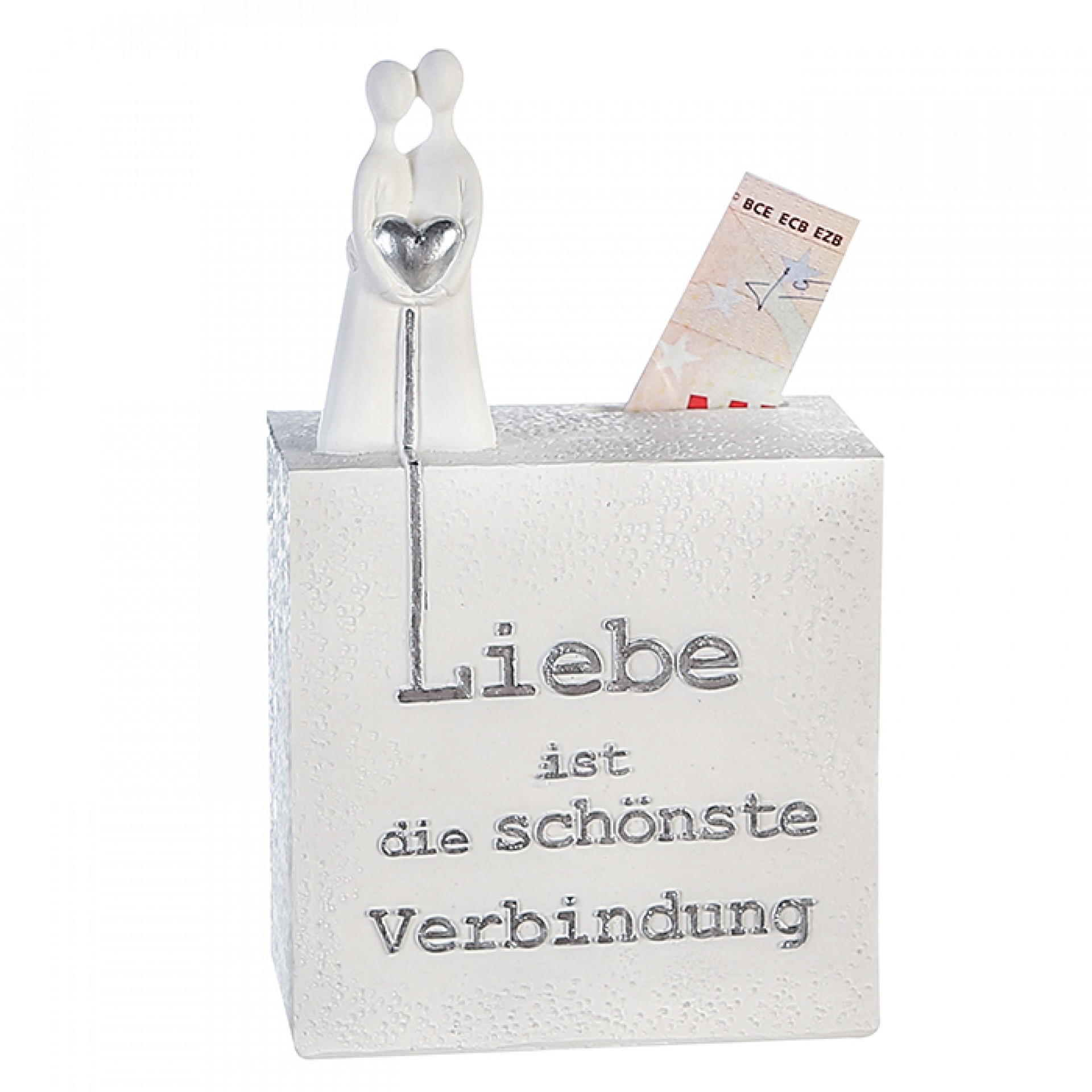 Weiße Hochzeitsspardose mit Spruch und Herz Steinoptik