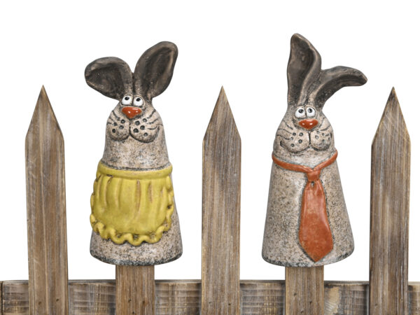 Osterdeko Keramik Zaunhocker Hase Zaunfigur Rammler - Osterhase Gartendeko lustig Mann + Frau
