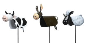 Gartenstecker Bauernhoftiere aus Metall - Tiere am Stab - Kuh, Esel, Schaf